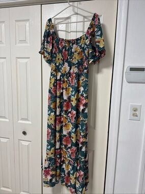 inspired hearts green floral dress Inspired Hearts Maxi Dress Womens 3X Floral Smocked Puff Sleeve Wedding Guest